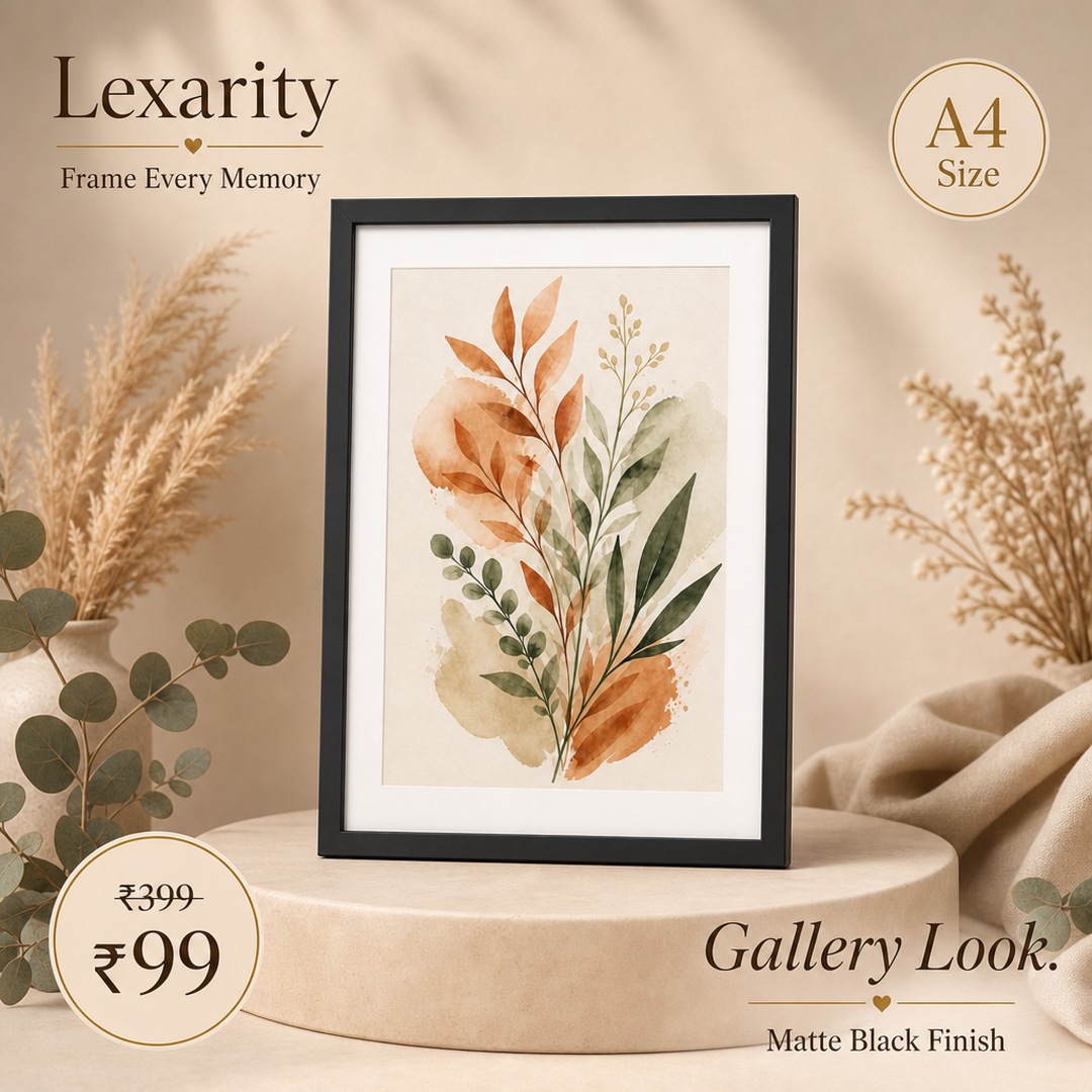 Lexarity A4 matte black photo frame — hero with price and A4 badge